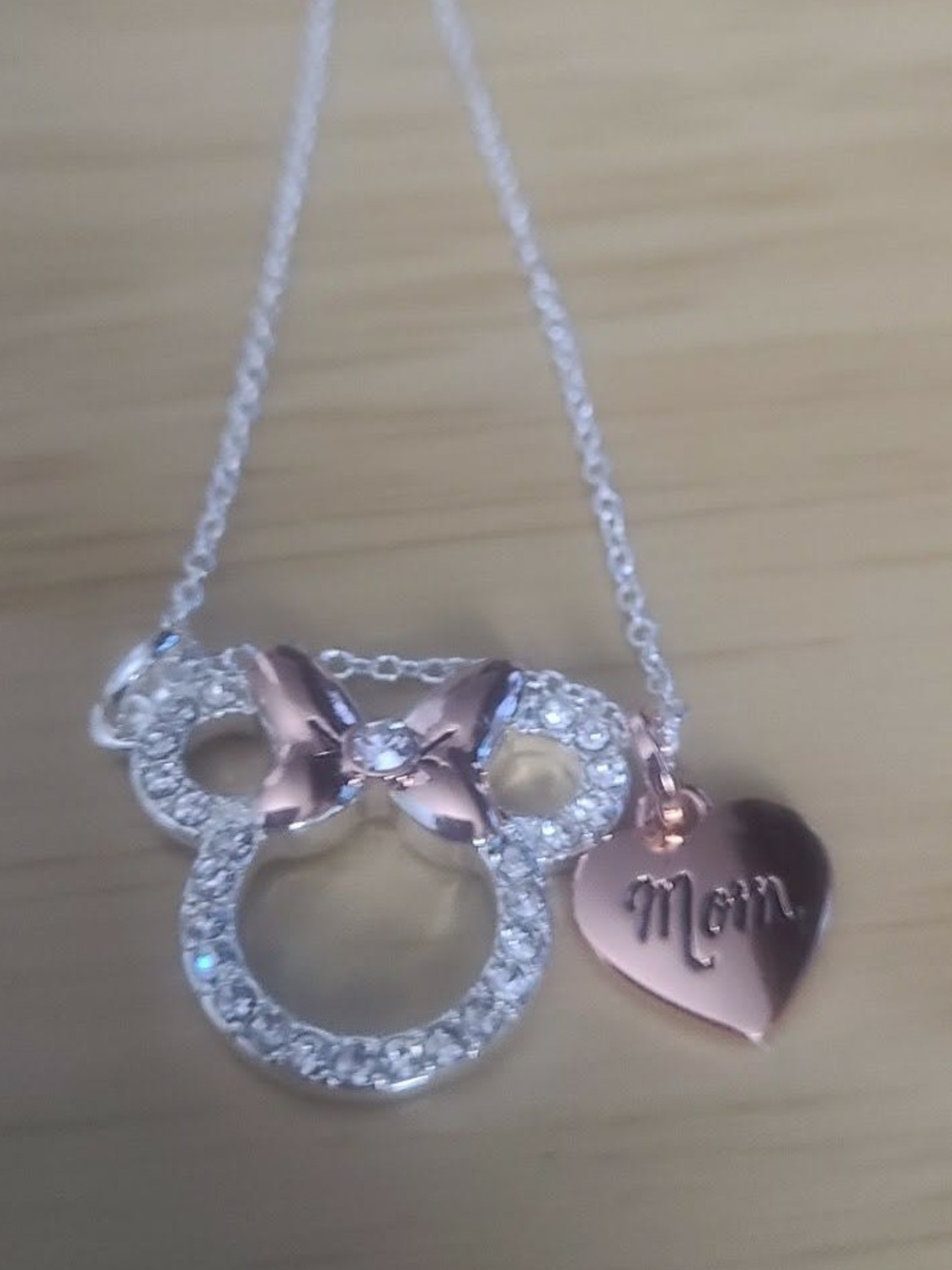 Disney Rose Gold Bow and Silver Crystal Minnie Mom Necklace
